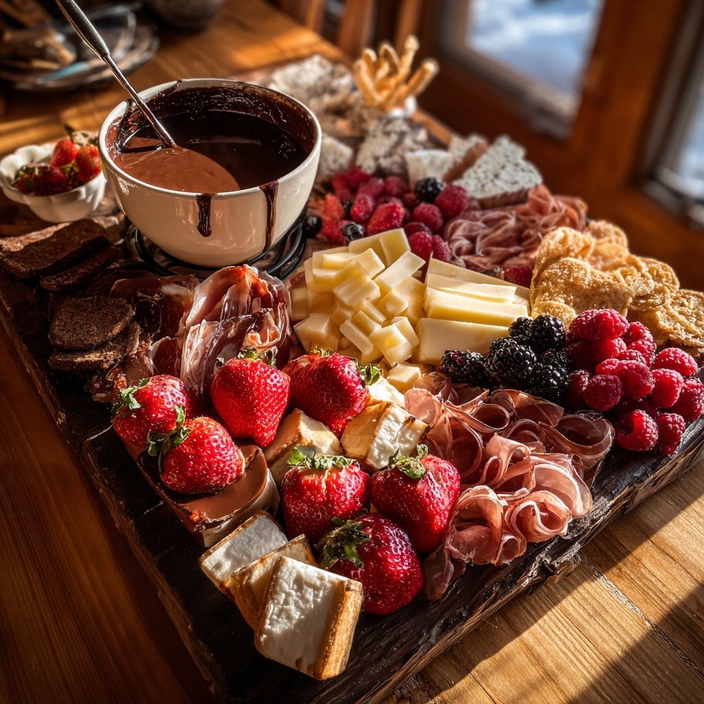 Valentines Charcuterie Board with Chocolate Fondue