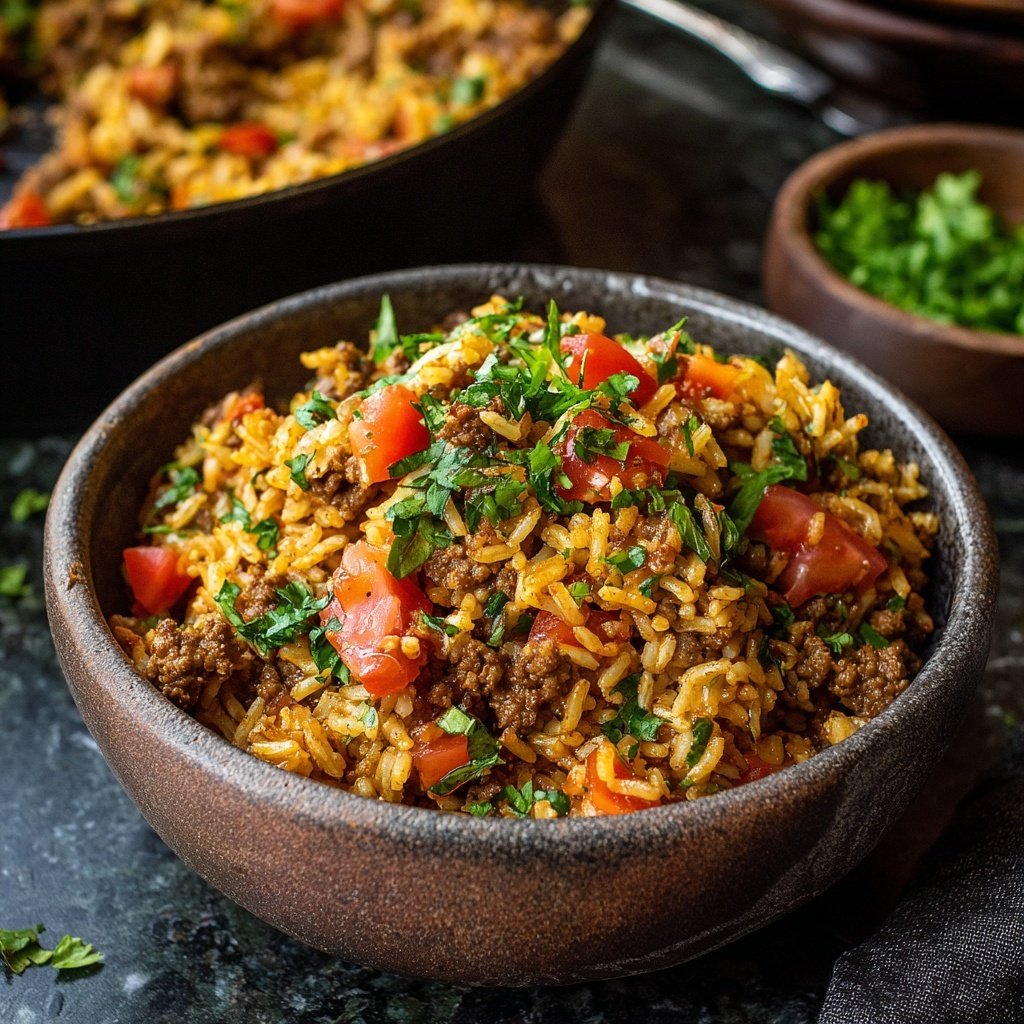 Ground Beef And Tomato Herb Rice Bowl